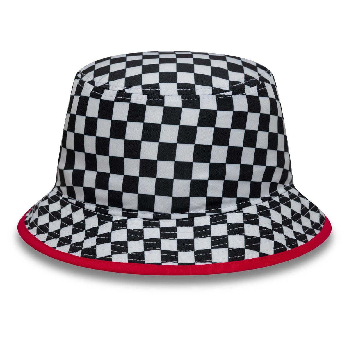 New Era Visa Cash App Racing Bulls Checkerboard White Bucket Hat, side view showing the black and white checkerboard pattern covering the crown and visor, with a red edge on the visor for contrast.
