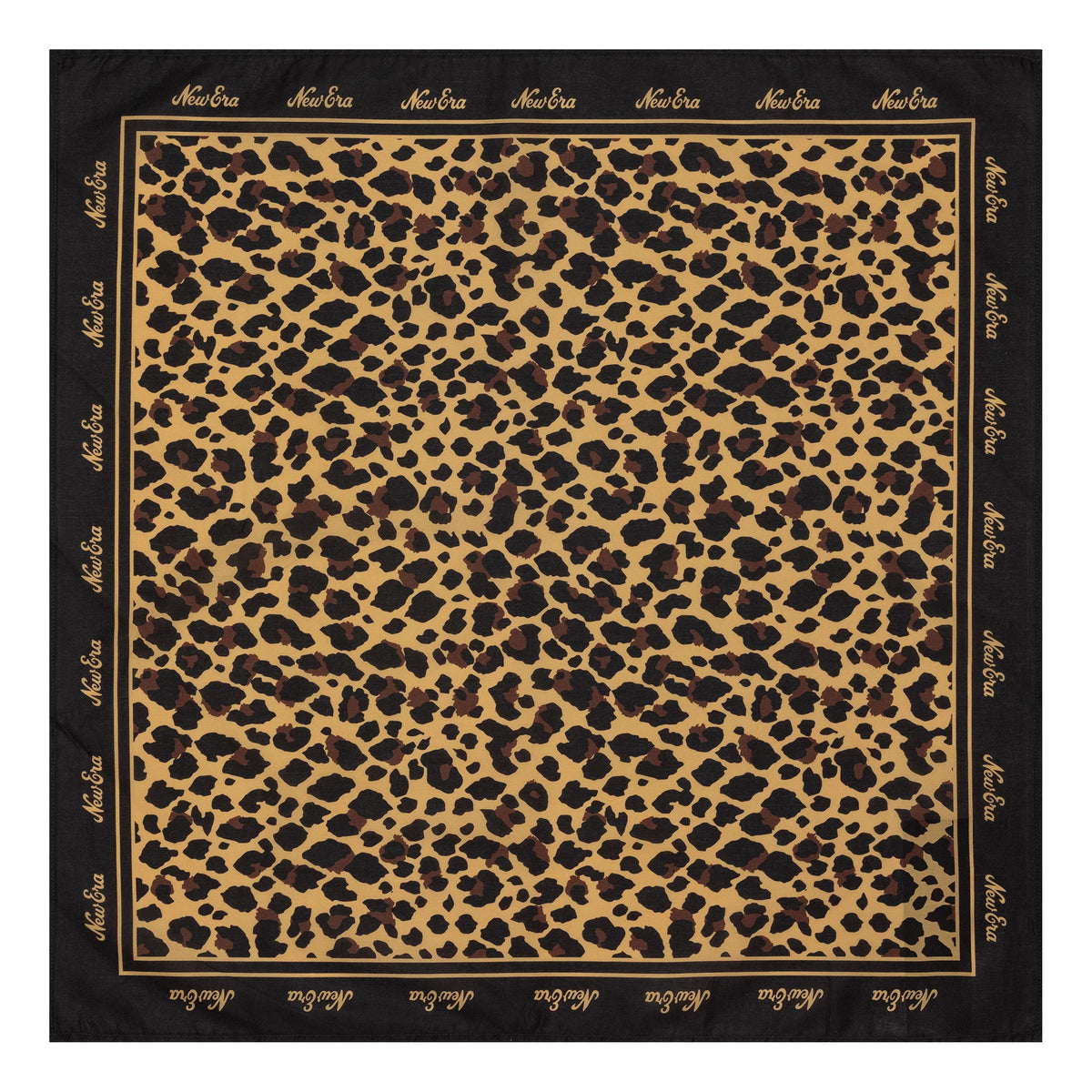 New Era 59FIFTY Day Leopard Bandana, front view showing a leopard print pattern with brown and black spots on a beige background, bordered by black edging with repeated gold New Era logos.