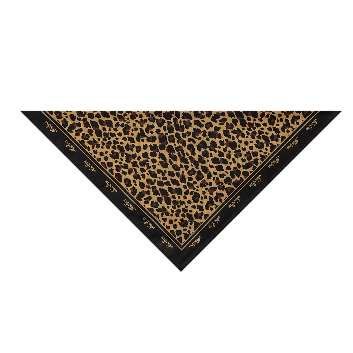 New Era 59FIFTY Day Leopard Bandana, front view showing a leopard print pattern across the fabric with a prominent black border featuring the New Era script logo in gold along the edges.