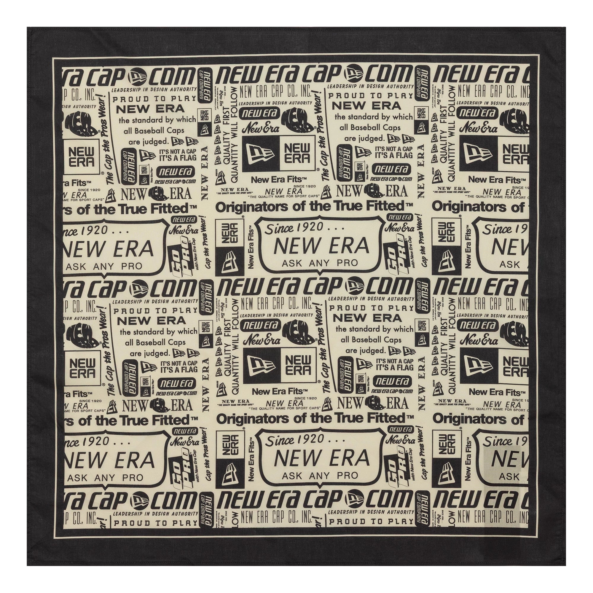 New Era 59FIFTY Day Black Bandana, close-up view showing an intricate design featuring multiple vintage New Era logos and font styles in black print on a beige background with a solid black border.