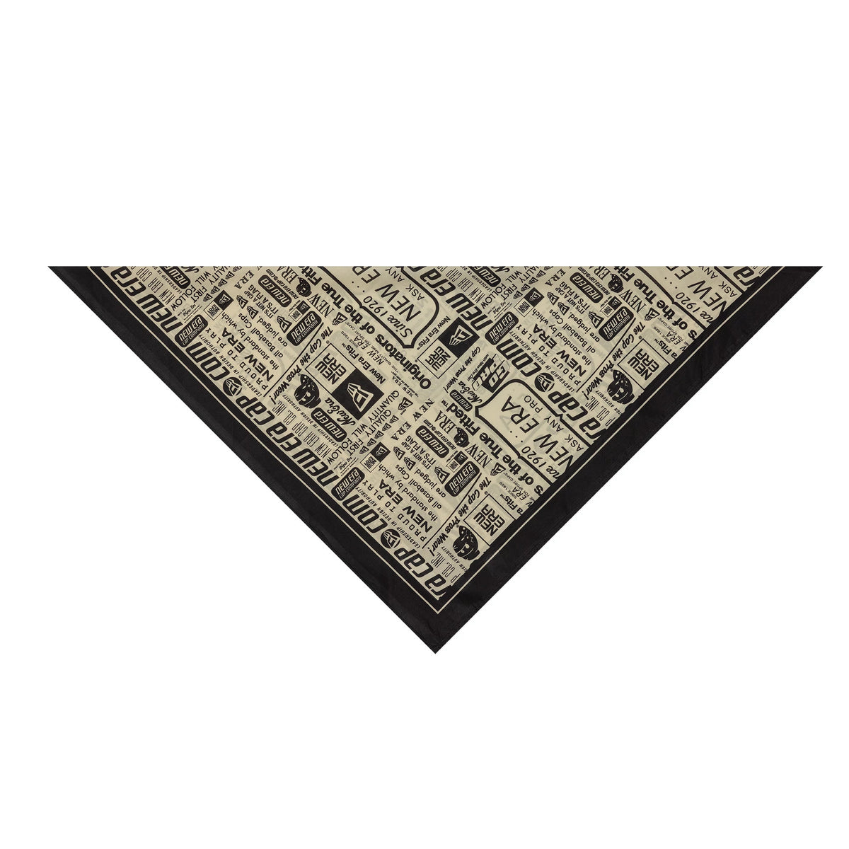 New Era 59FIFTY Day Black Bandana, three-quarter view showing a design featuring various black New Era logos and inscriptions printed across a beige background with a solid black border.