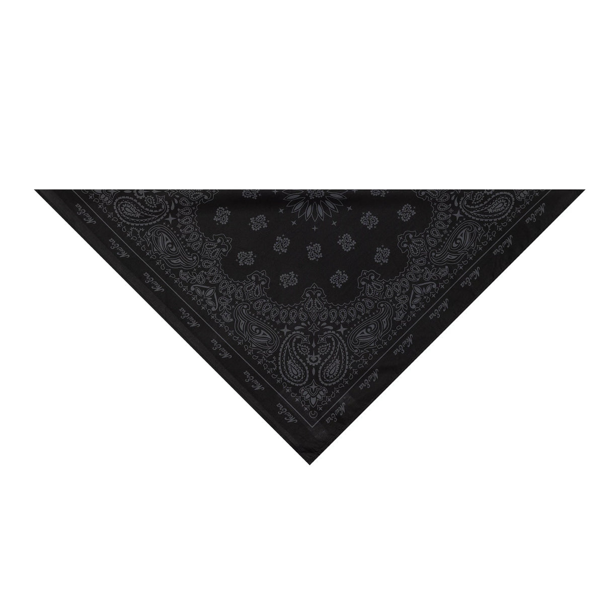 New Era Paisley Black Bandana, triangular view showing an intricate grey paisley pattern across the fabric with detailed floral motifs and repeating paisley designs on the black background.