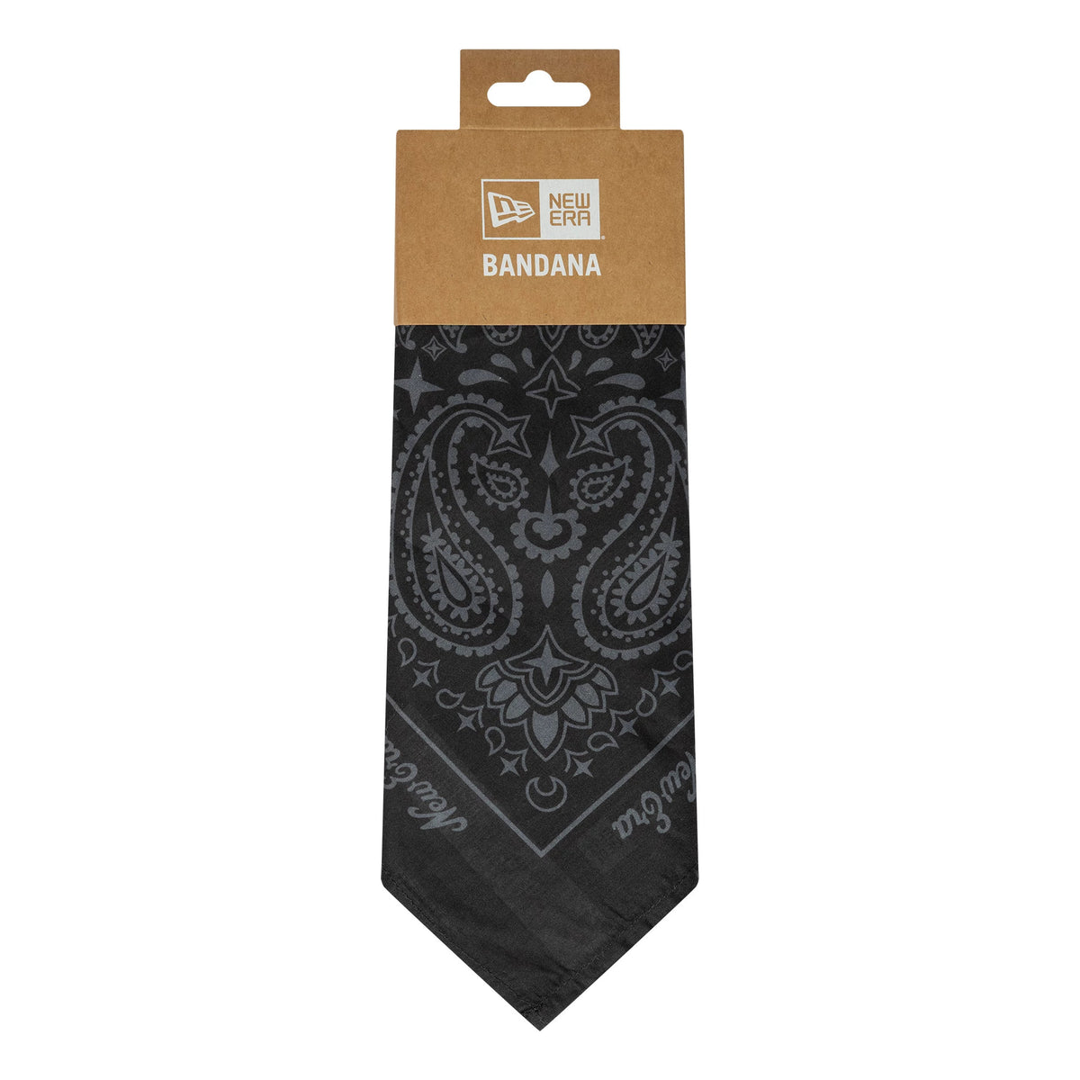 New Era Paisley Black Bandana, front view showing intricate grey paisley patterns on a black background with the New Era logo incorporated into the design, packaged with a cardboard holder at the top.