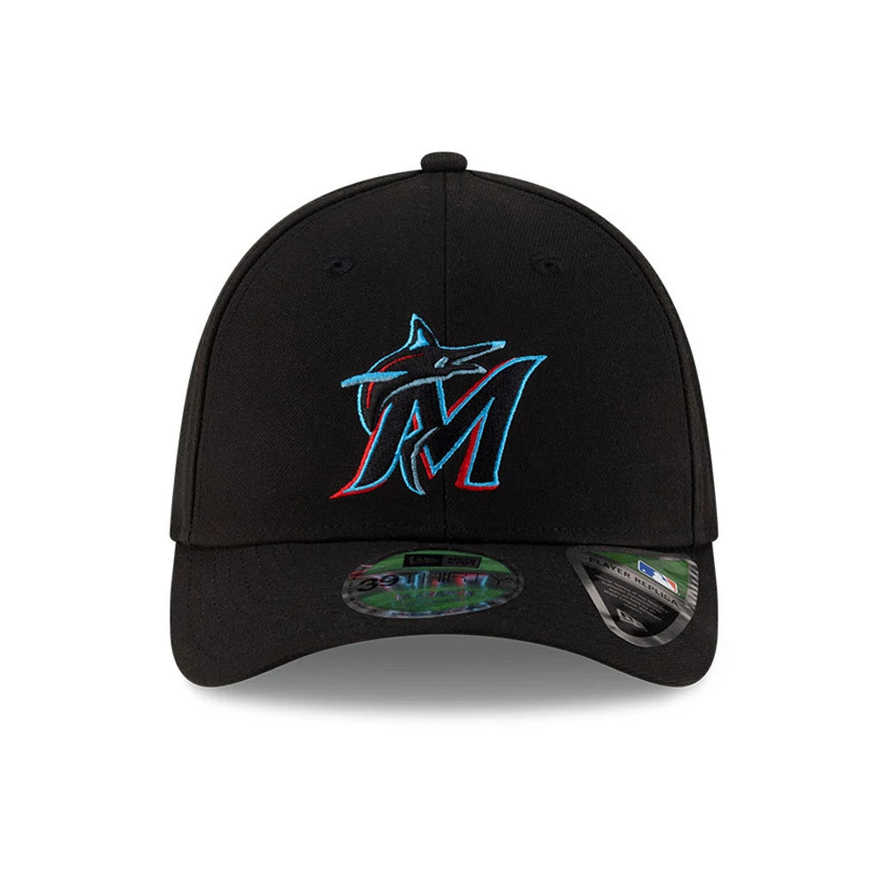 Pictured is this MLB Player Replica Miami Marlins 39THIRTY M-Crown Stretch Fit cap in black. 2