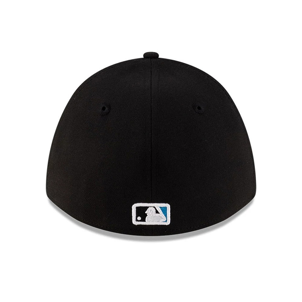 Marlins MLB Player Replica Black New Era 39THIRTY M-Crown Stretch Fit Cap, rear view showing the white embroidered MLB Batterman logo at the centre back, with a structured black crown and two black eyelets.