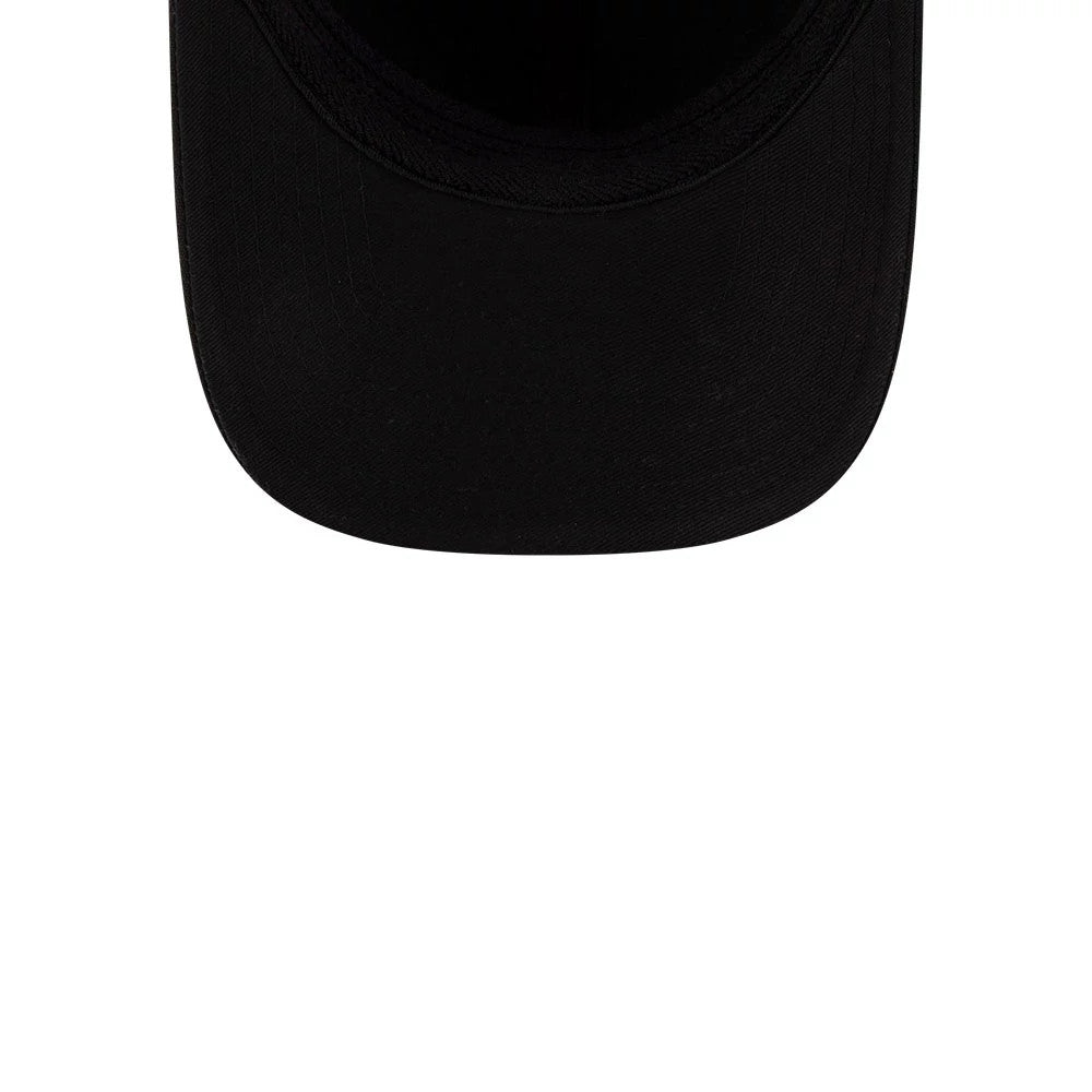 Marlins MLB Player Replica Black New Era 39THIRTY M-Crown Stretch Fit Cap, inside view showing the black sweatband lining the cap, with a plain black undervisor beneath the curved visor.