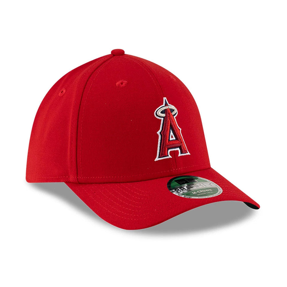 LA Angels MLB Player Replica Red New Era 39THIRTY M-Crown Stretch Fit Cap, three-quarter view showing raised red and white embroidered A logo on the front panel and a 39THIRTY size sticker on the curved red visor.