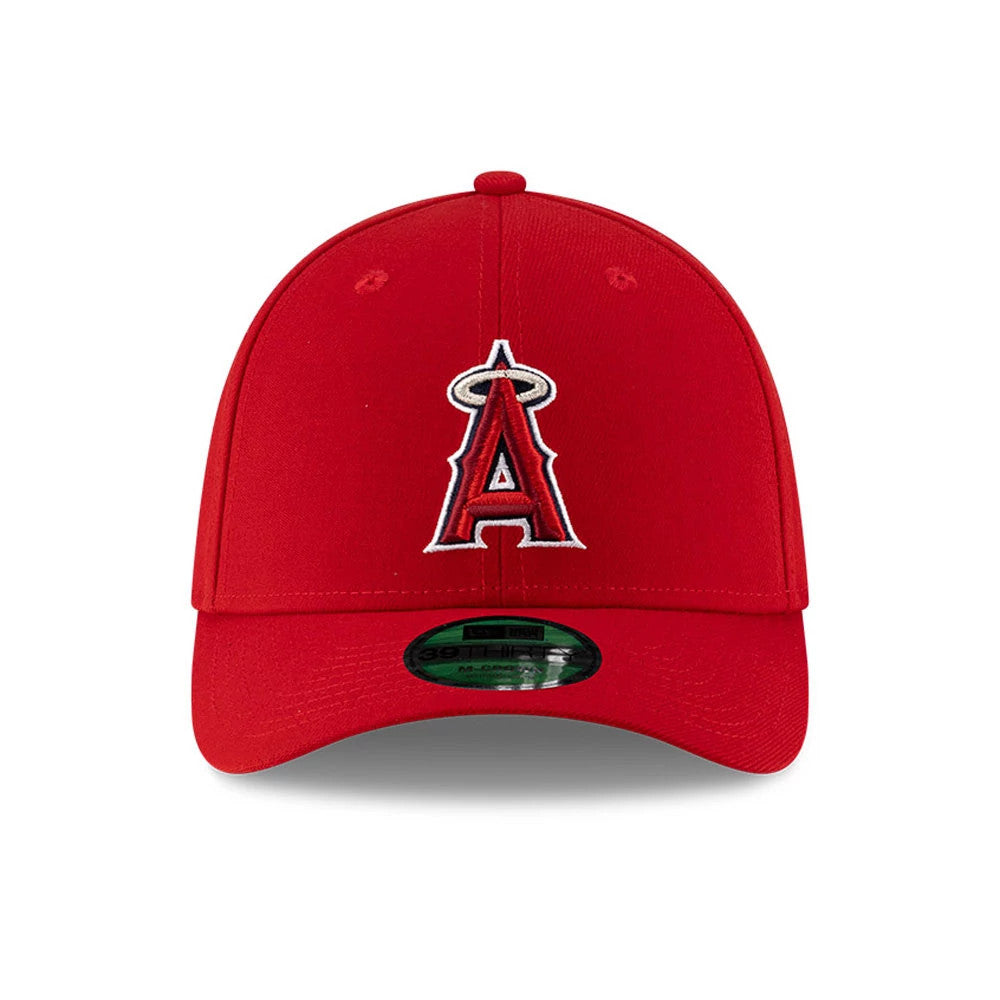 LA Angels MLB Player Replica Red New Era 39THIRTY M-Crown Stretch Fit Cap, front view showing the raised white and red embroidered A logo on the structured red crown and a 39THIRTY size sticker on the curved visor.