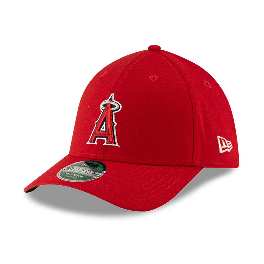 LA Angels MLB Player Replica Red New Era 39THIRTY M-Crown Stretch Fit Cap, front view showing the raised embroidered A logo with a halo in white and red on the front panel, a curved red visor with a 39THIRTY size sticker.