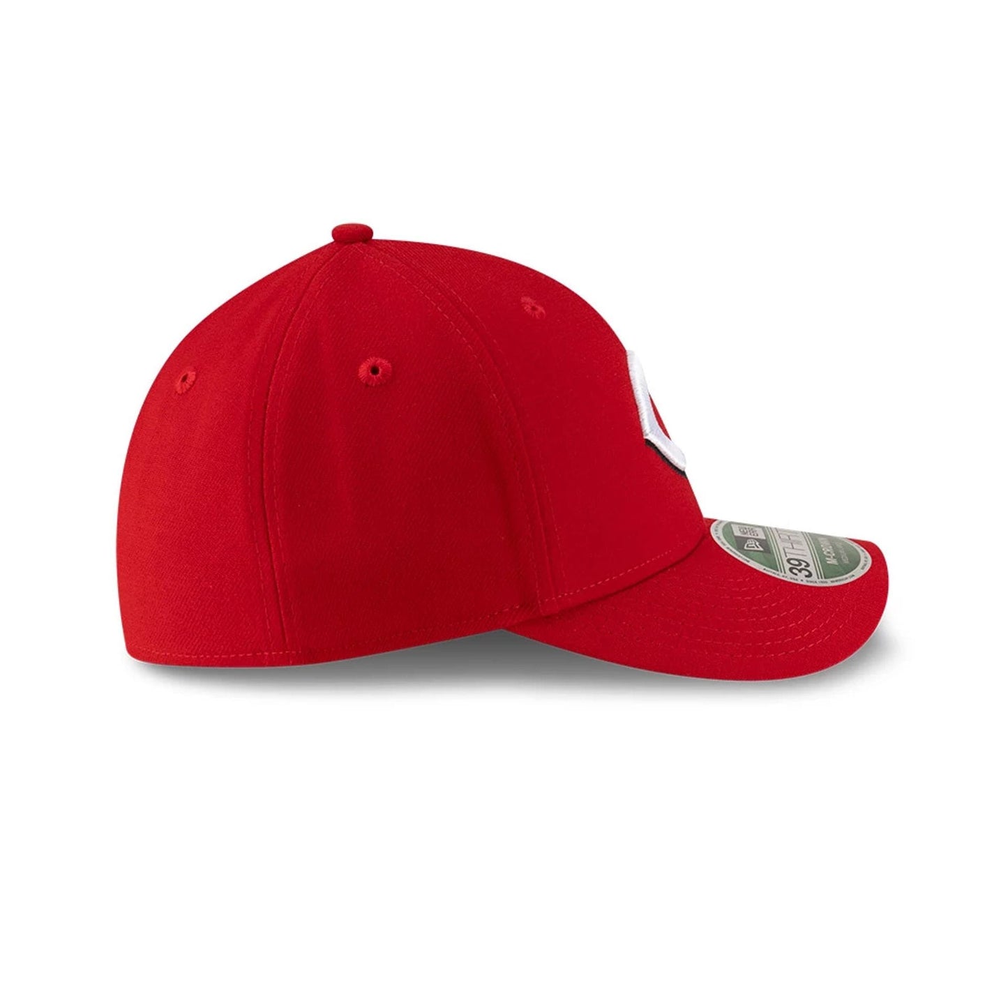 Cincinnati Reds MLB Player Replica Red New Era 39THIRTY M-Crown Stretch Fit Cap, side view showing the New Era flag logo on the left side, with a curved red visor and a 39THIRTY size sticker.