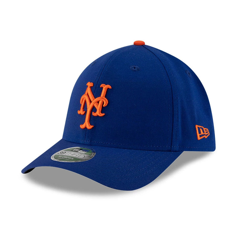 New York Mets MLB Player Replica Blue New Era 39THIRTY M-Crown Stretch Fit Cap, three-quarter view showing the orange embroidered Mets logo on the front panel, blue curved visor with a 39THIRTY size sticker.