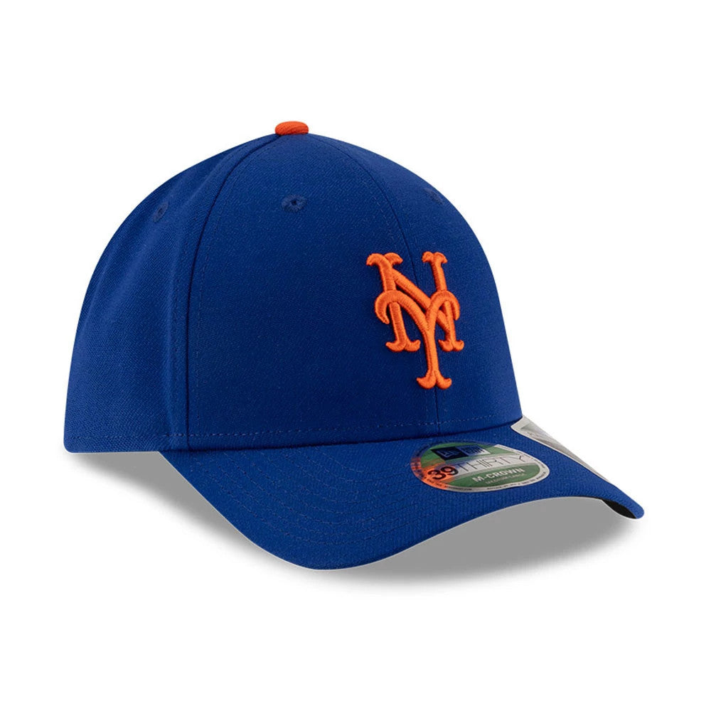 New York Mets MLB Player Replica Blue New Era 39THIRTY M-Crown Stretch Fit Cap, three-quarter view showing the orange raised embroidered NY logo on the front panel, a blue curved visor, and the 39THIRTY size sticker on the visor.