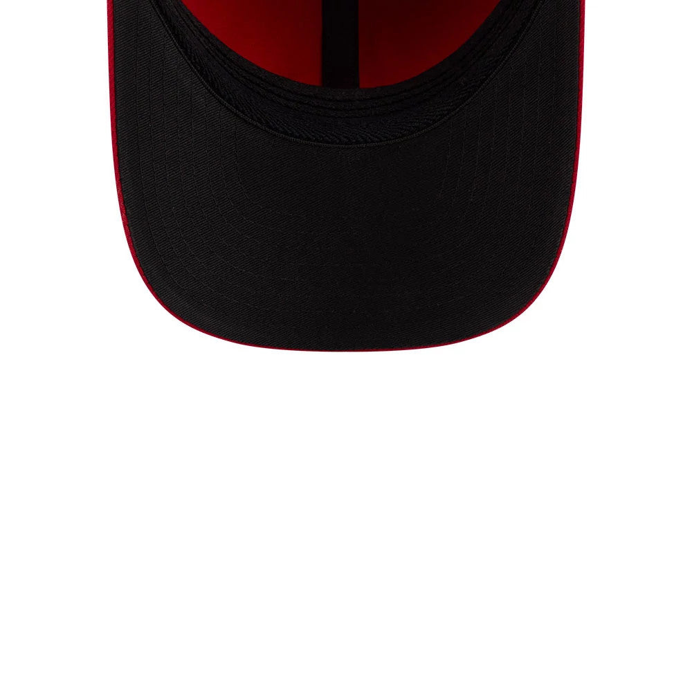 Phillies MLB Player Replica Red New Era 39THIRTY M-Crown Stretch Fit Cap, inside view showing a black undervisor with a red sweatband and black interior taping on the structured crown.