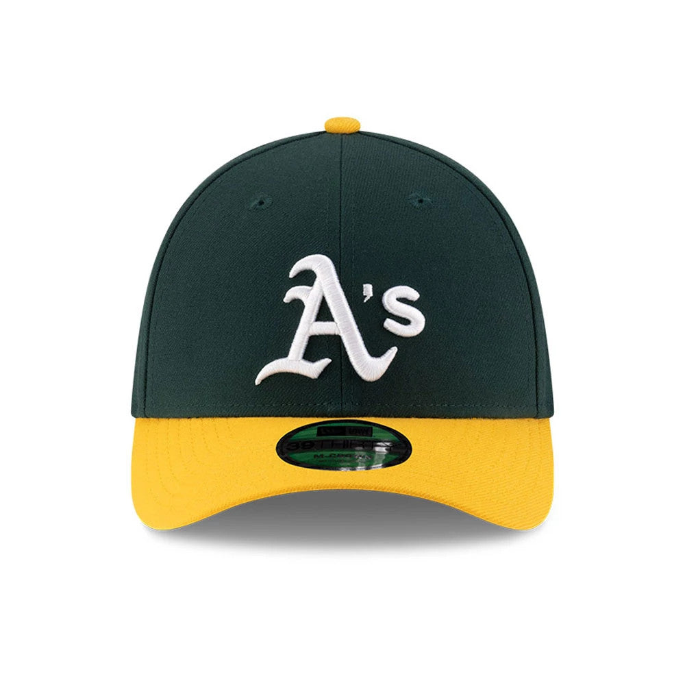 Athletics MLB Player Replica Dark Green New Era 39THIRTY M-Crown Stretch Fit Cap, front view showing raised white A’s embroidery on the dark green structured crown with a yellow curved visor and a 39THIRTY size sticker.