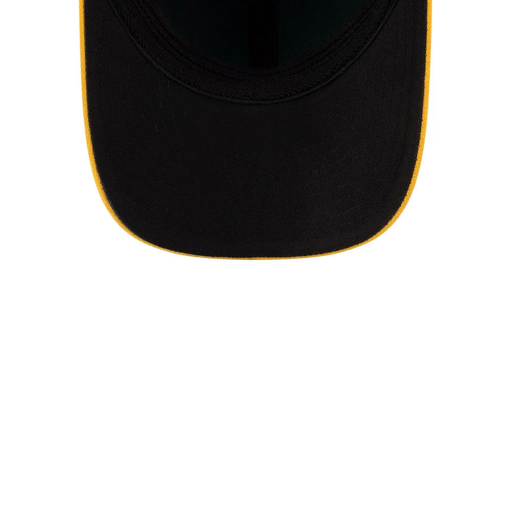 Athletics MLB Player Replica Dark Green New Era 39THIRTY M-Crown Stretch Fit Cap, underside view showing a black undervisor with a contrasting yellow edge and dark interior crown lining.