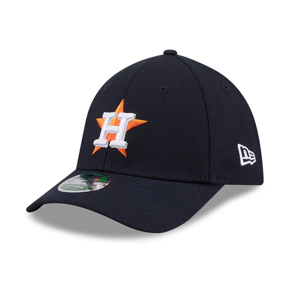 Houston Astros MLB Player Replica Navy New Era 39THIRTY M-Crown Stretch Fit Cap, three-quarter view showing the raised white and orange Astros logo on the front panel, with the New Era flag logo on the left side.