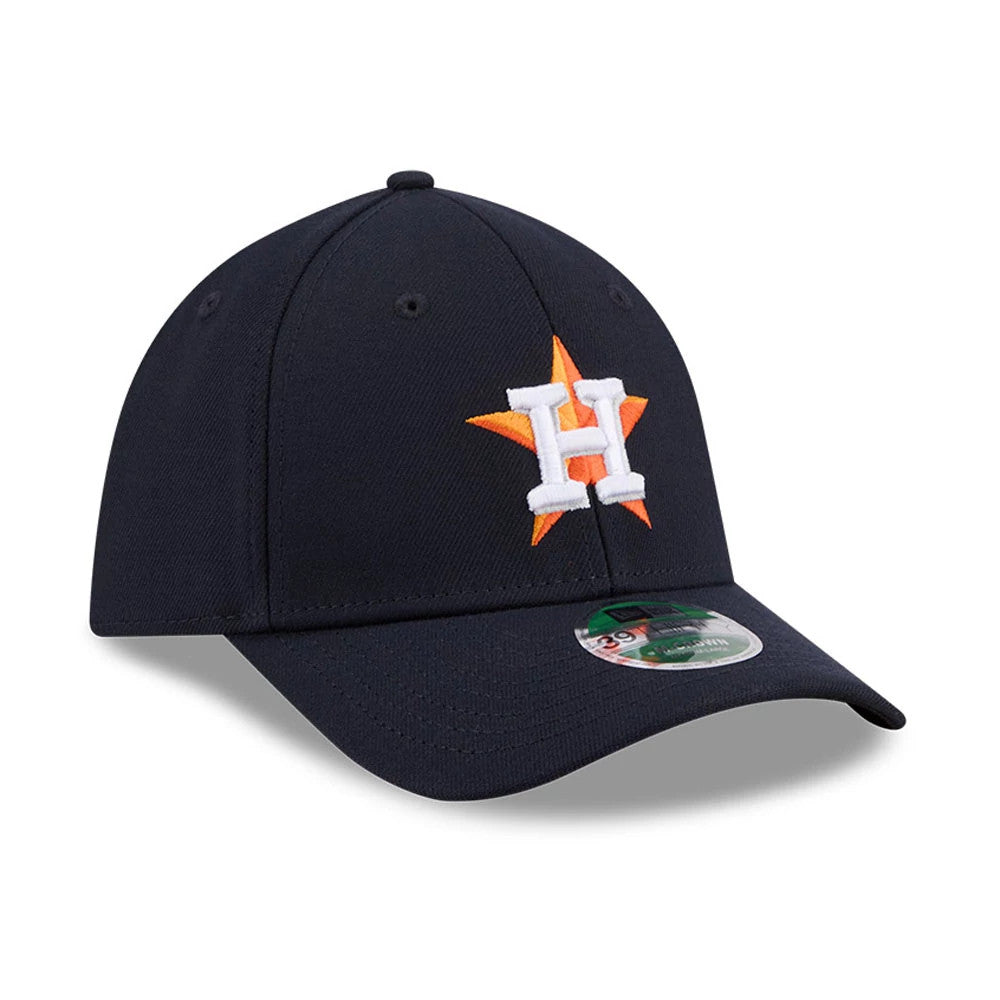 Houston Astros MLB Player Replica Navy New Era 39THIRTY M-Crown Stretch Fit Cap, front view showing the white and orange embroidered Astros logo on the front panel, with a navy curved visor and a 39THIRTY size sticker.