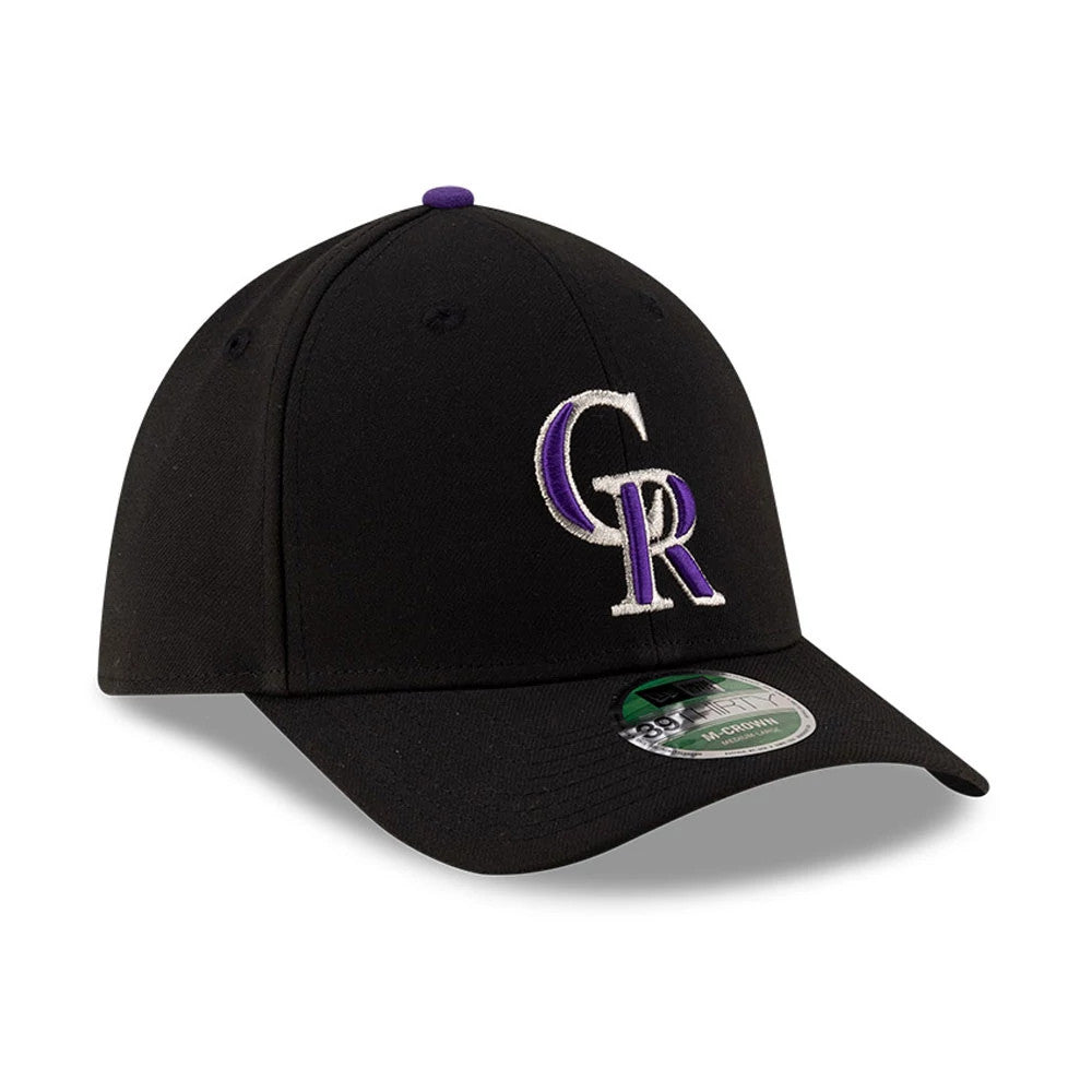 Rockies MLB Player Replica Black New Era 39THIRTY M-Crown Stretch Fit Cap, three-quarter view showing the raised white and purple embroidered CR logo on the front panel, with a curved black visor and 39THIRTY size sticker.