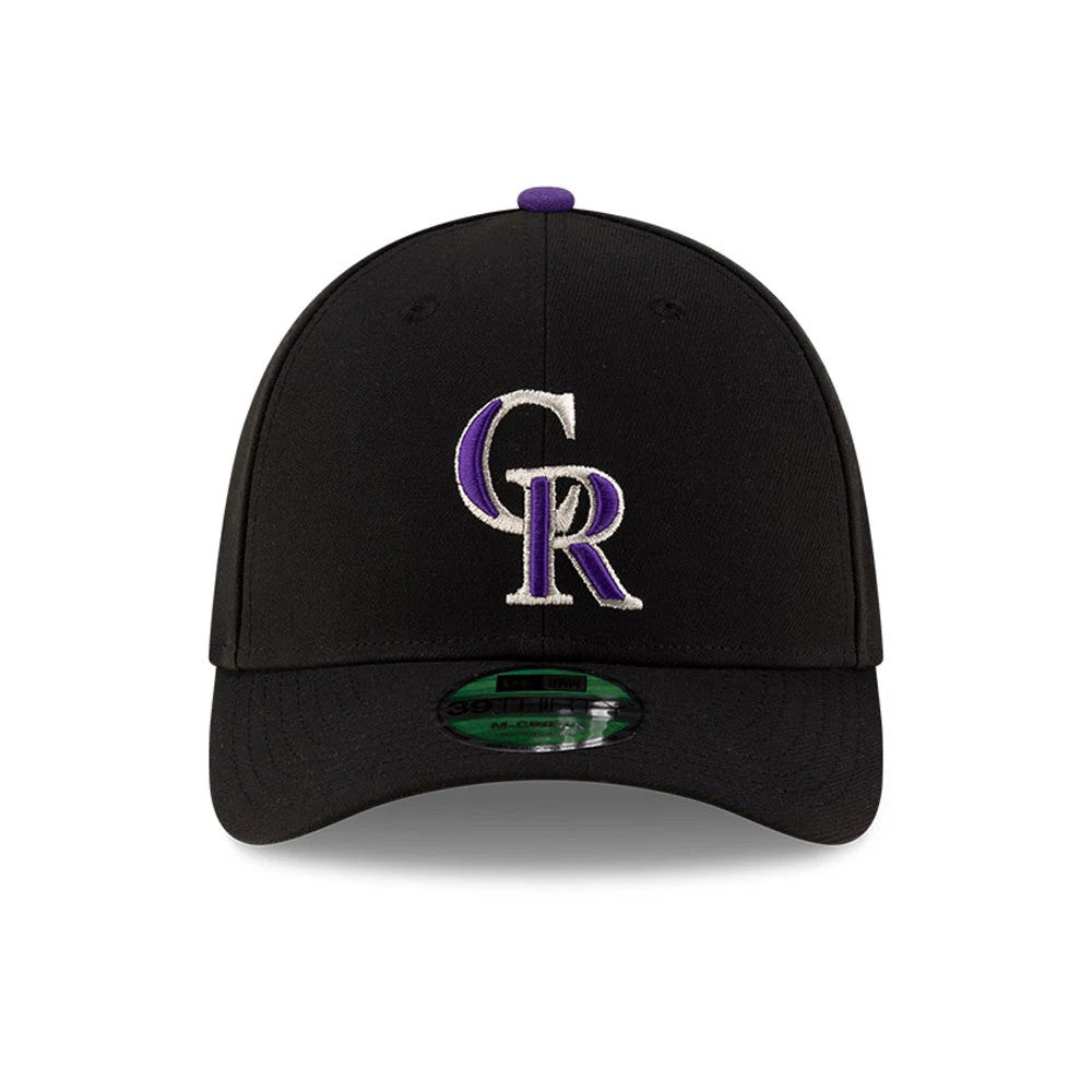 Rockies MLB Player Replica Black New Era 39THIRTY M-Crown Stretch Fit Cap, front view showing the raised purple and white embroidered CR logo on the structured black crown, with a curved visor and 39THIRTY size sticker.