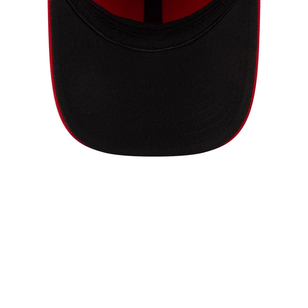 Nationals MLB Player Replica Red New Era 39THIRTY M-Crown Stretch Fit Cap, inside view showing the black undervisor with red edging and a black sweatband against a red crown interior.