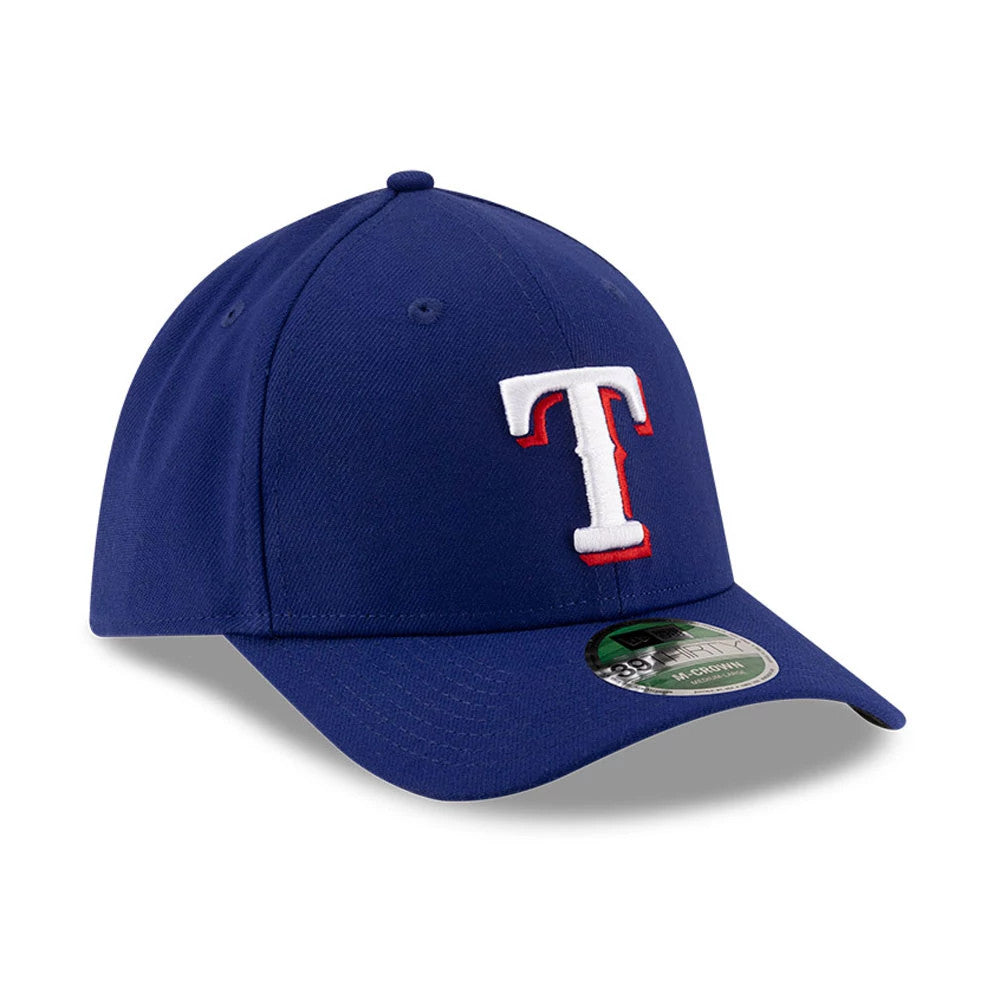 Rangers MLB Player Replica Dark Blue New Era 39THIRTY M-Crown Stretch Fit Cap, three-quarter view showing the raised white embroidered T logo with a red outline on the front panel, and the curved dark blue visor with a 39THIRTY size sticker.