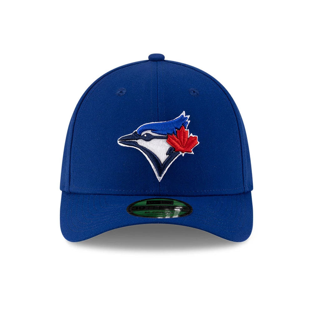 Blue Jays MLB Player Replica Blue New Era 39THIRTY M-Crown Stretch Fit Cap, front view showing the raised embroidered Blue Jays logo in white, blue and red on the structured blue crown, with a black.