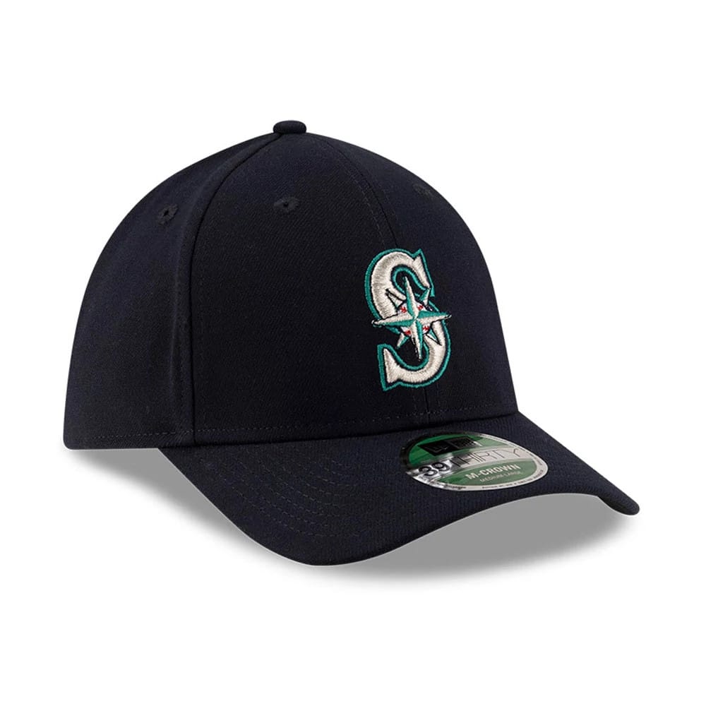 Seattle Mariners MLB Player Replica Navy New Era 39THIRTY M-Crown Stretch Fit Cap, three-quarter view showing the raised embroidered S logo in white and teal on the front panel, with a curved navy visor and 39THIRTY size sticker.