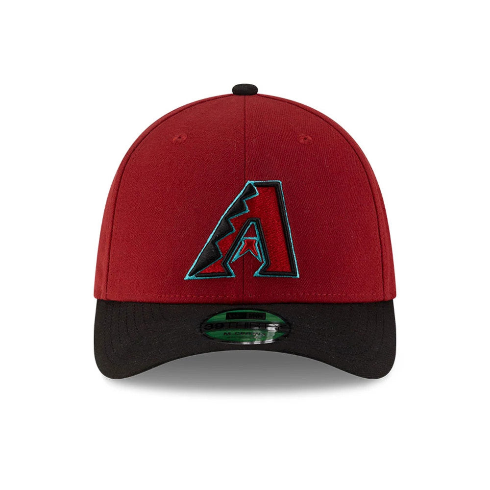 Diamondbacks MLB Player Replica Dark Red New Era 39THIRTY M-Crown Stretch Fit Cap, front view showing a raised embroidered Diamondbacks A logo in black, red and turquoise on the front panel, with a black curved visor.