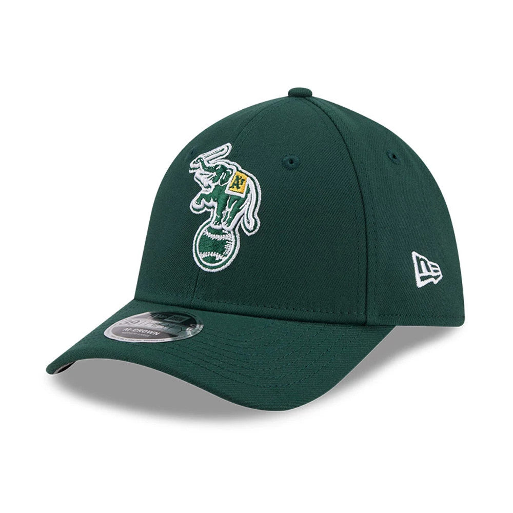 Athletics MLB Dark Green New Era 39THIRTY M-Crown Stretch Fit Cap, front view showing the white and yellow embroidered elephant logo on the front panel, with a curved dark green visor, black undervisor and 39THIRTY size sticker.