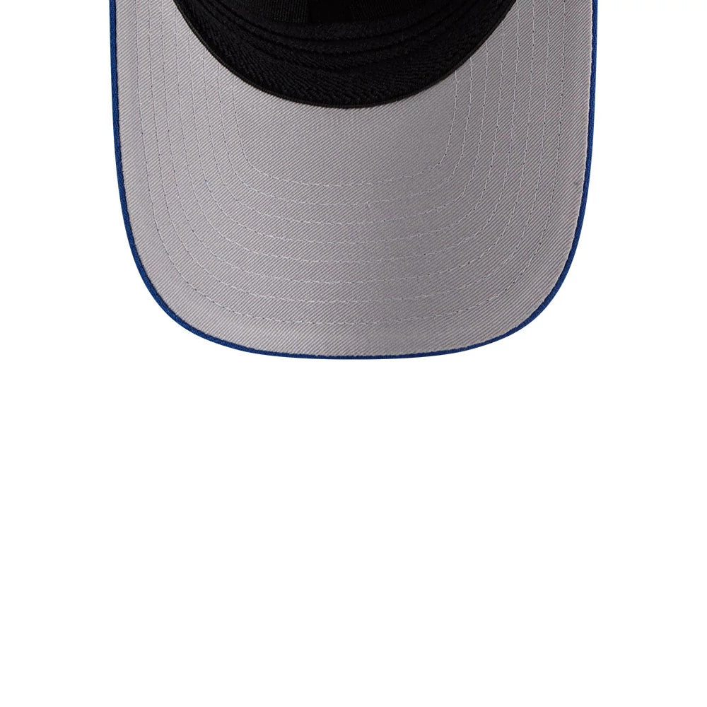Atlanta Braves MLB Blue New Era 39THIRTY M-Crown Stretch Fit Cap, inside view showing the grey undervisor with contrasting stitching and black interior sweatband, designed for a comfortable fit.