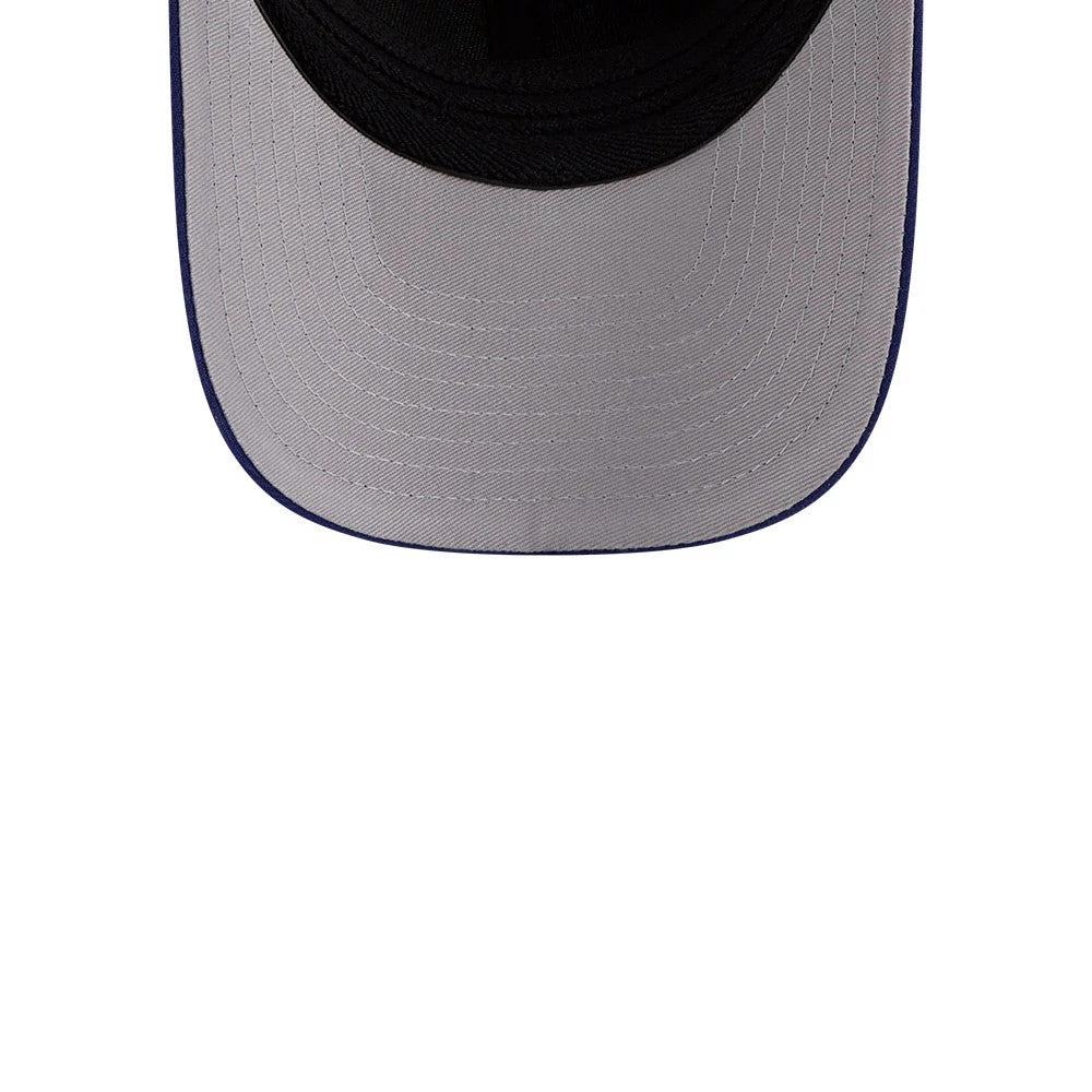 Brooklyn Dodgers MLB Dark Blue New Era 39THIRTY M-Crown Stretch Fit Cap, inside view showing the grey undervisor with neat stitching detail and a dark blue edge, highlighting the interior craftsmanship.