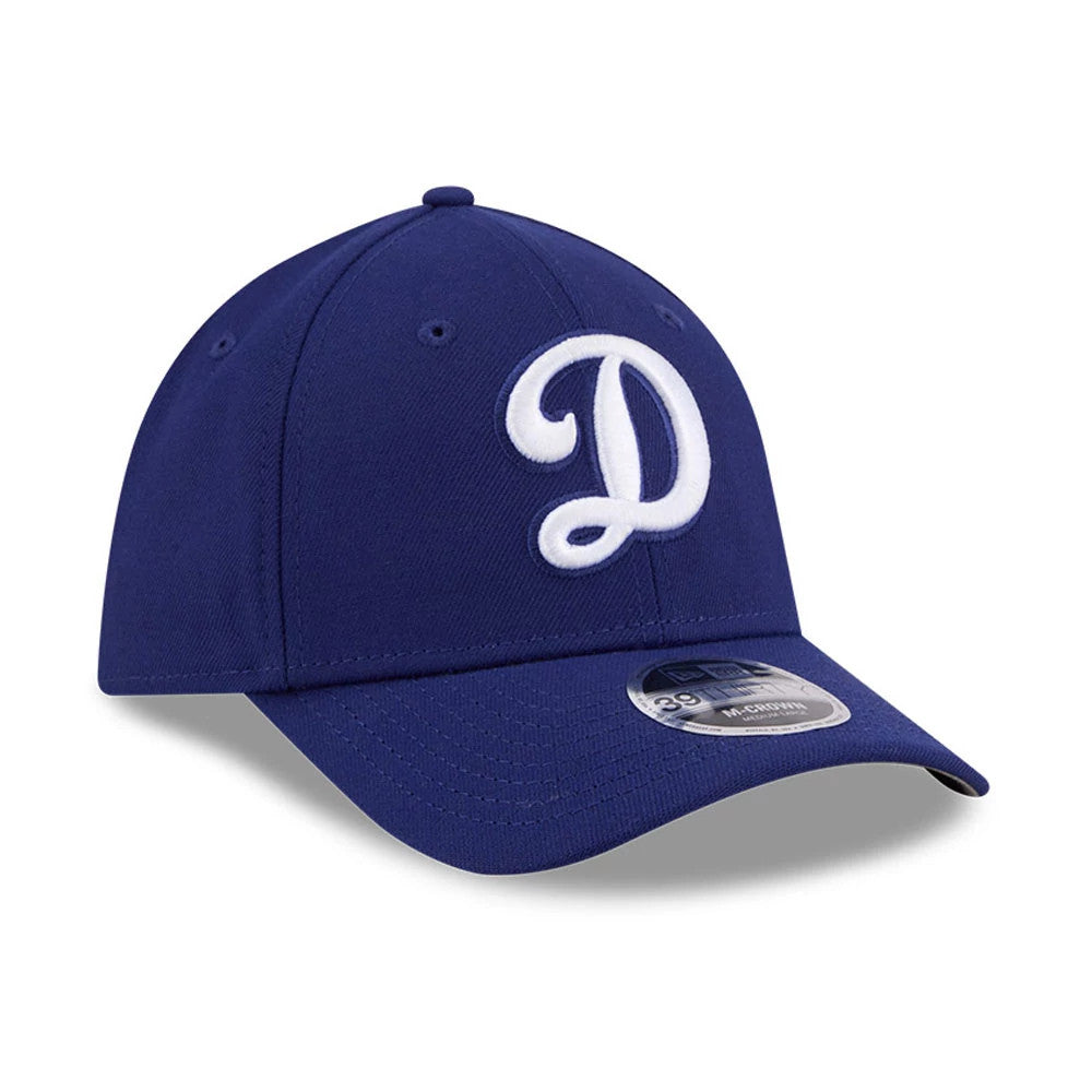 LA Dodgers MLB Dark Blue New Era 39THIRTY M-Crown Stretch Fit Cap, three-quarter view showing a white raised embroidered D logo on the front panel, with a curved visor featuring a 39THIRTY size sticker.