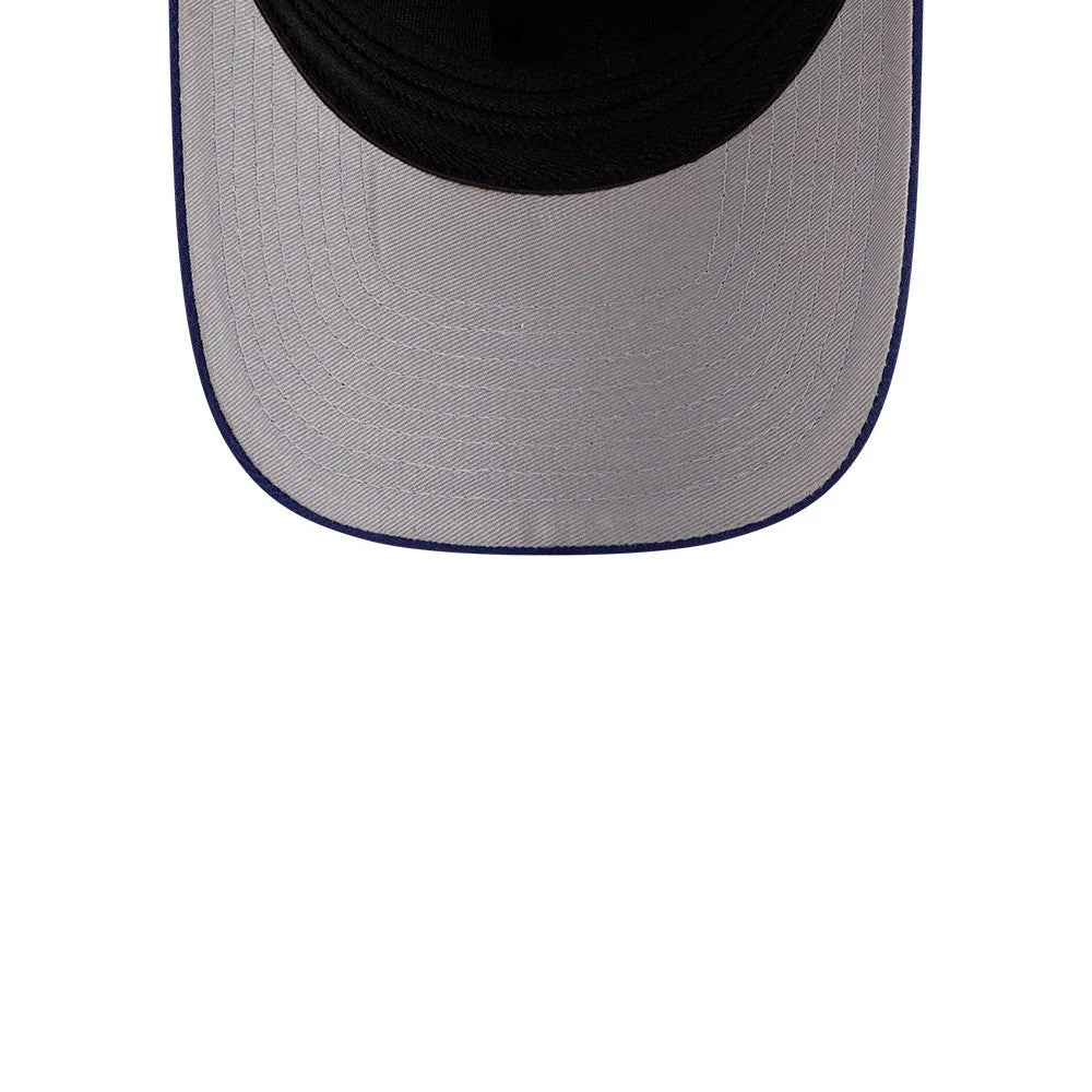 LA Dodgers MLB Dark Blue New Era 39THIRTY M-Crown Stretch Fit Cap, inside view showing the light grey undervisor with dark blue edge and stitching lines, highlighting the contrast with the dark blue outer panels.