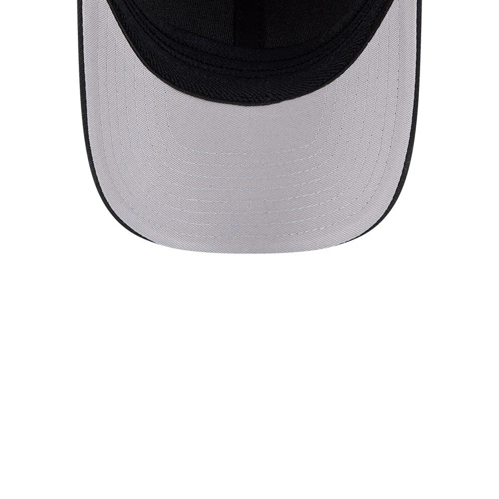 Atlanta Braves MLB Black New Era 39THIRTY M-Crown Stretch Fit Cap, inside view showing the grey undervisor and black sweatband, with detailed stitching along the curved visor's edge.