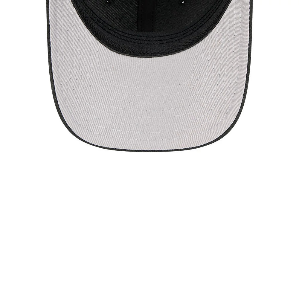 Boston Red Sox MLB Black New Era 39THIRTY M-Crown Stretch Fit Cap, inside view showing the contrasting light grey undervisor, black sweatband, and black interior taping extending along the seams.