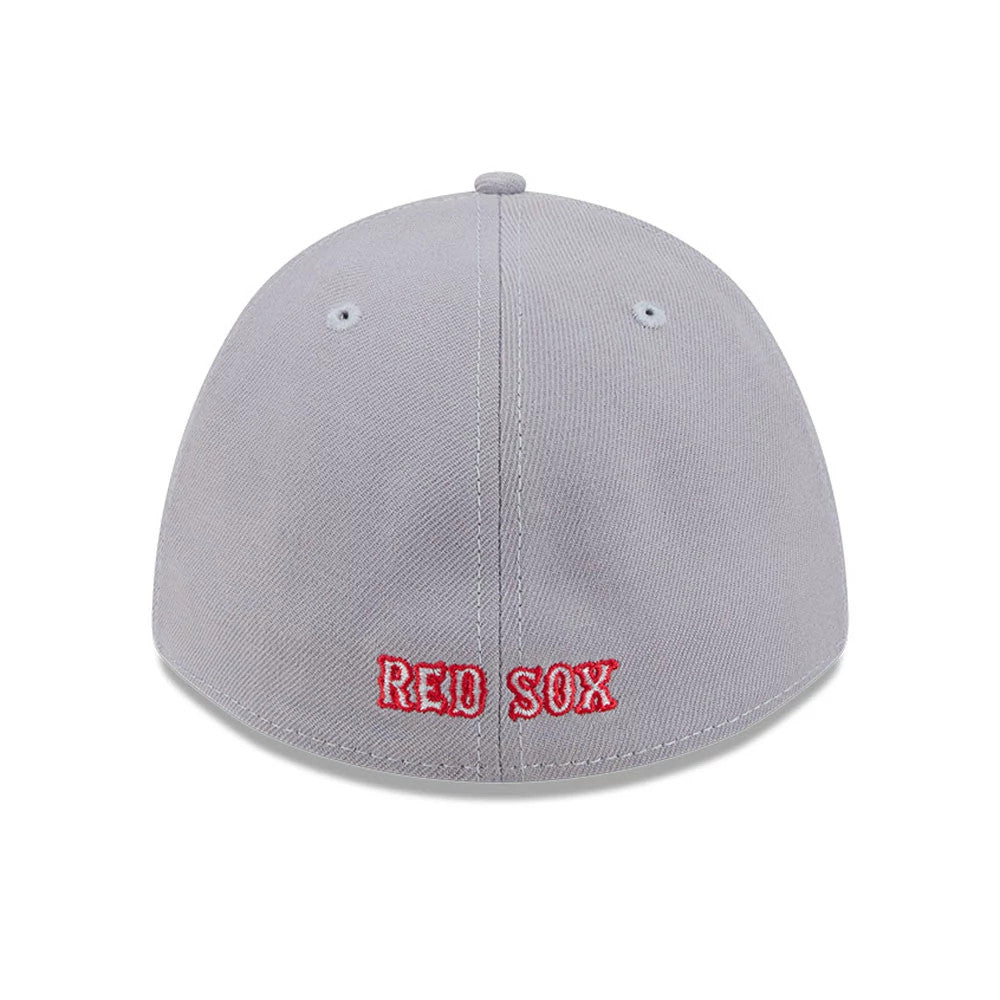 Boston Red Sox MLB Grey New Era 39THIRTY M-Crown Stretch Fit Cap, rear view showing the red embroidered RED SOX lettering on the grey curved panels, with a top button and two embroidered eyelets.