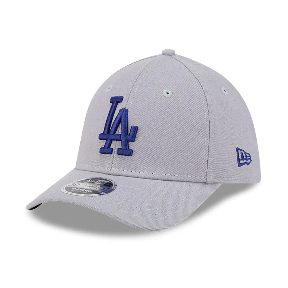LA Dodgers MLB Grey New Era 39THIRTY M-Crown Stretch Fit Cap, three-quarter view with raised blue LA logo embroidered on the front panel, curved visor with 39THIRTY size sticker, and New Era flag logo on the left side.