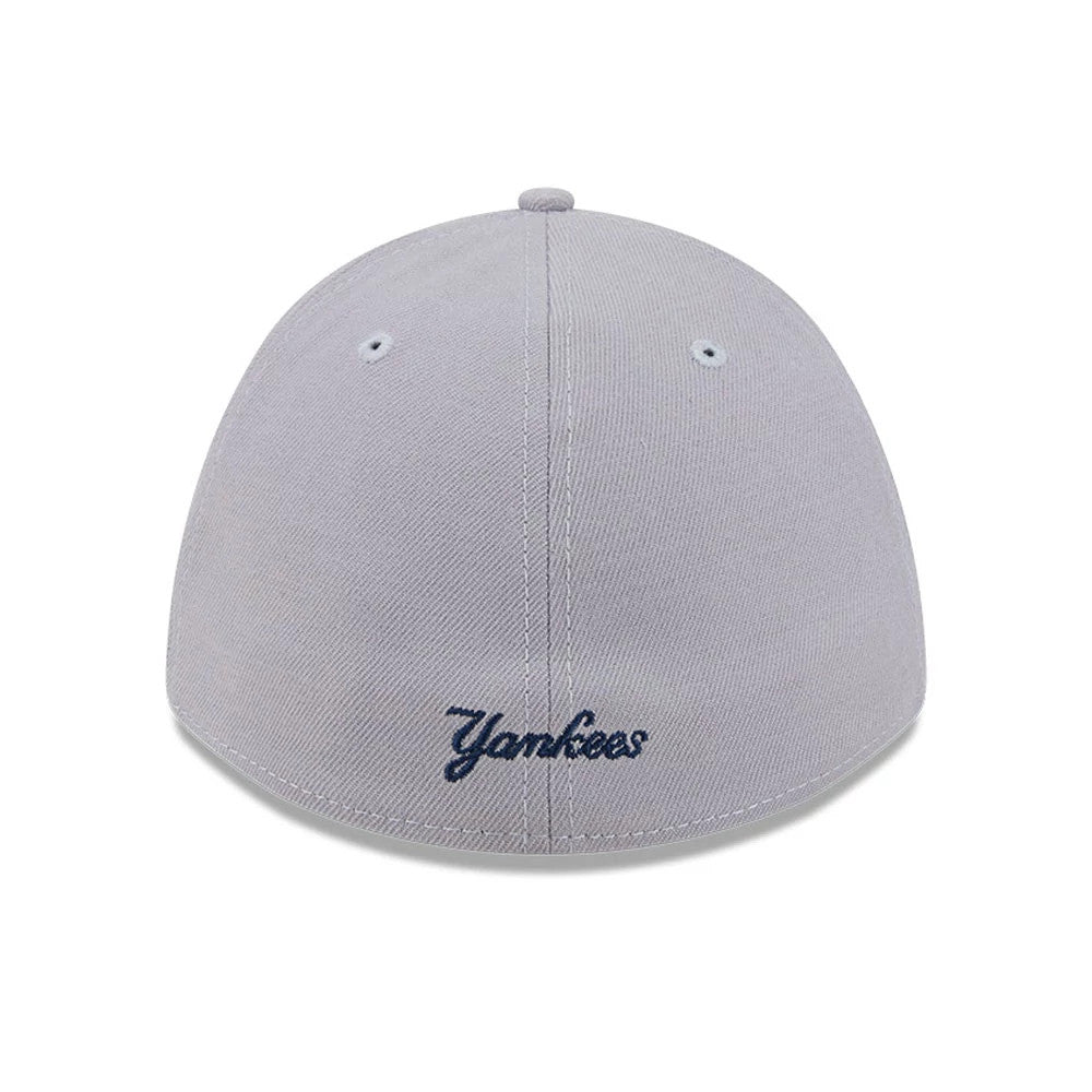 New York Yankees MLB Grey New Era 39THIRTY M-Crown Stretch Fit Cap, rear view showing the navy embroidered Yankees script logo on the lower back of the structured grey crown, with matching grey top button and eyelets.