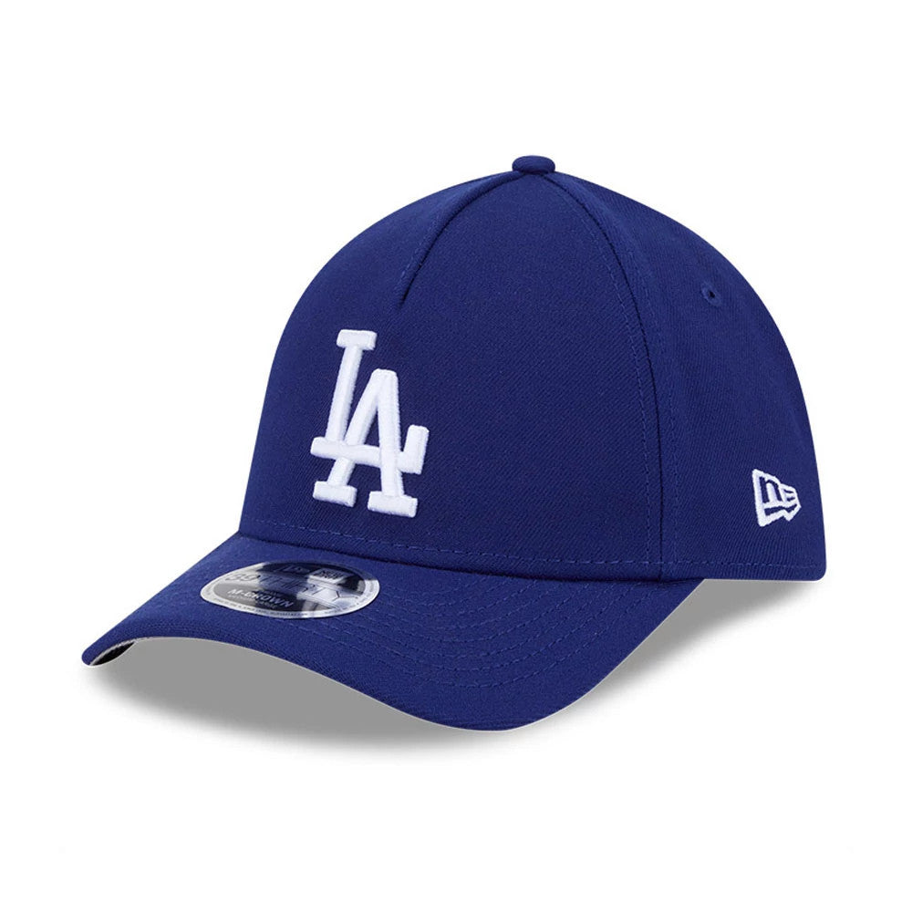 LA Dodgers MLB Dark Blue New Era 39THIRTY M-Crown A-Frame Stretch Fit Cap, three-quarter view showing the white raised LA logo embroidered on the dark blue front panel, with a curved visor and 39THIRTY size sticker.