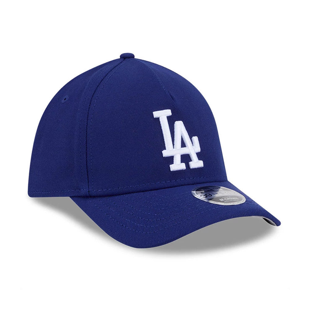 LA Dodgers MLB Dark Blue New Era 39THIRTY M-Crown A-Frame Stretch Fit Cap, three-quarter view showing the white embroidered LA logo on the front panel, a curved visor, and the 39THIRTY size sticker on the visor.