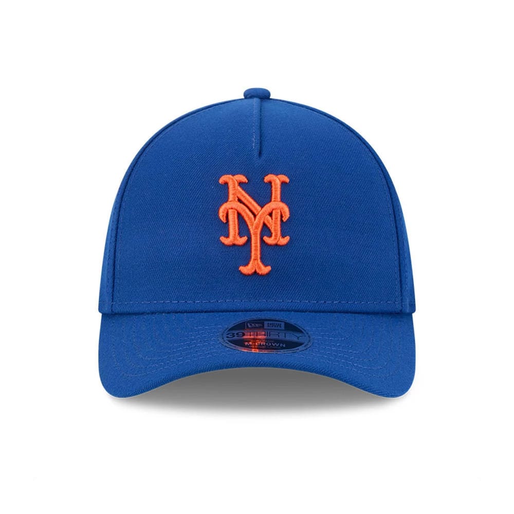 New York Mets MLB Blue New Era 39THIRTY M-Crown A-Frame Stretch Fit Cap, front view showing the raised orange Mets logo embroidered on the blue structured front panel, with a matching curved visor and a 39THIRTY size sticker.
