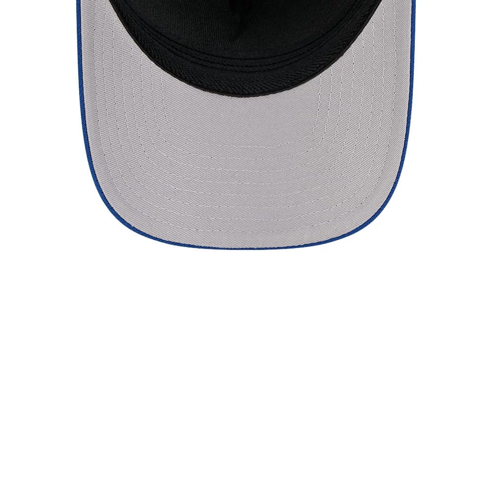 New York Mets MLB Blue New Era 39THIRTY M-Crown A-Frame Stretch Fit Cap, inside view showing the black sweatband and light grey undervisor with detailed stitching, accented by blue trim along the visor edge.