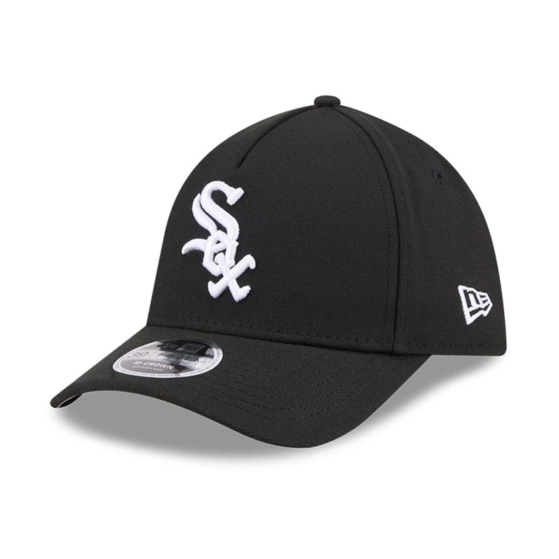 Pictured is this MLB Chicago White Sox 39THIRTY M-Crown A-Frame Stretch Fit cap in black. 1