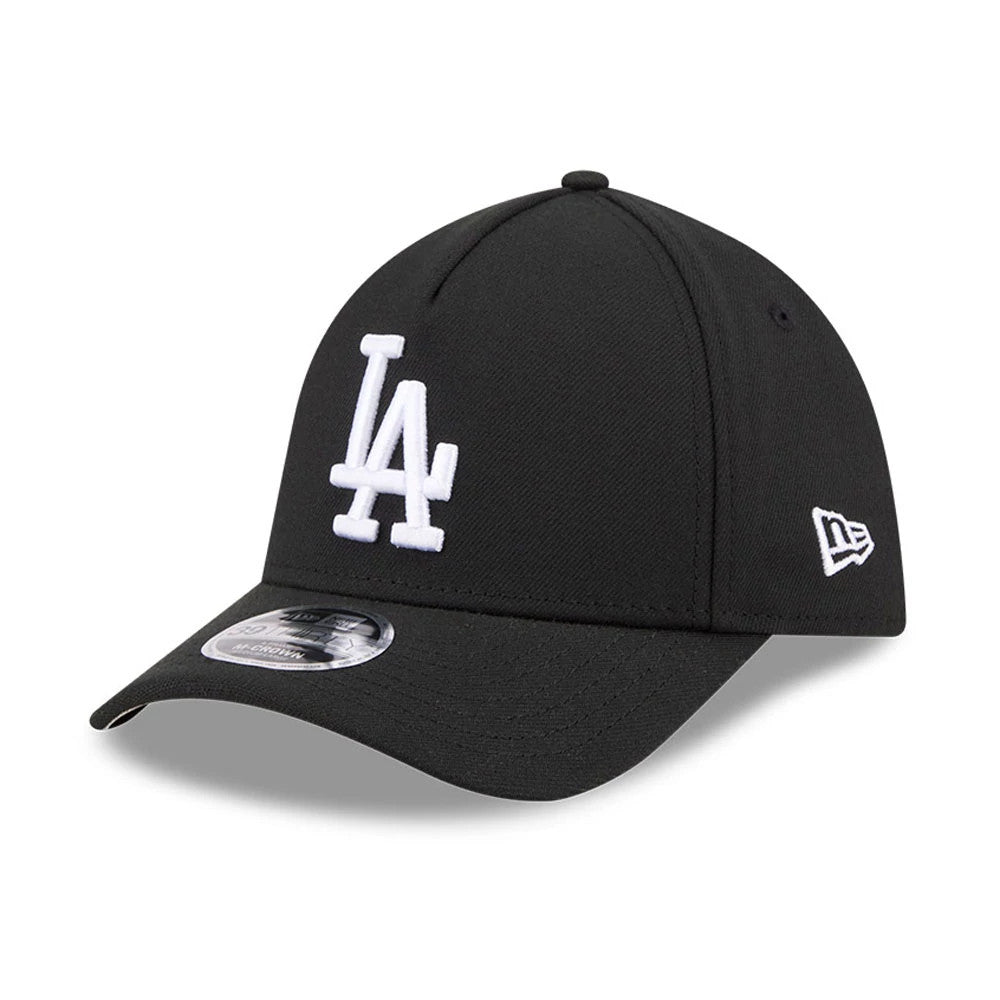 LA Dodgers MLB Black New Era 39THIRTY M-Crown A-Frame Stretch Fit Cap, three-quarter view showing the raised white LA logo on the front panel, curved black visor with 39THIRTY size sticker, and New Era flag logo on the left side.