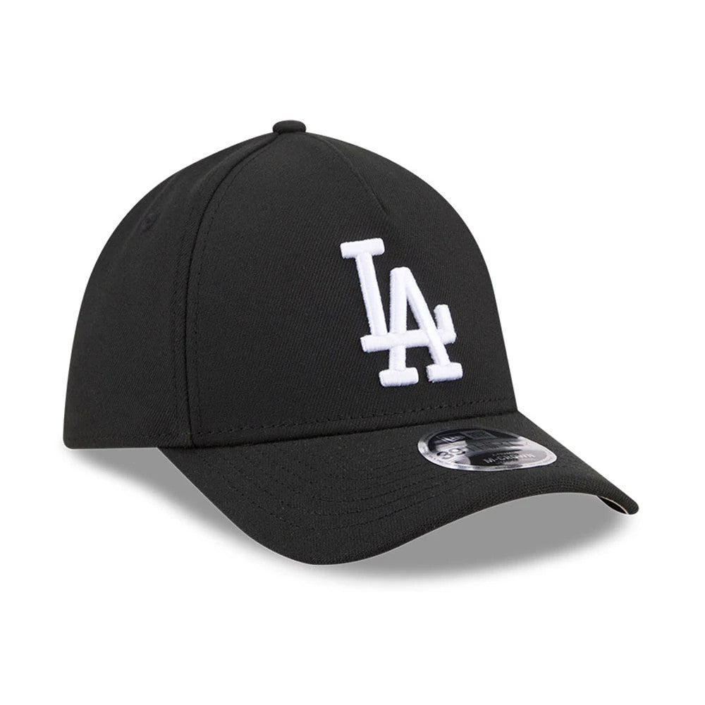 LA Dodgers MLB Black New Era 39THIRTY M-Crown A-Frame Stretch Fit Cap, front view showing the white embroidered LA logo on the black structured crown, with a curved black visor and a 39THIRTY size sticker on the visor.