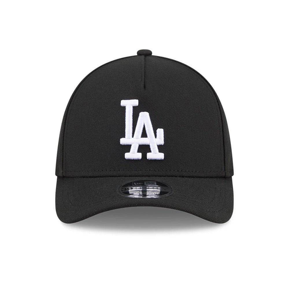 LA Dodgers MLB Black New Era 39THIRTY M-Crown A-Frame Stretch Fit Cap, front view showing white embroidered LA logo on the structured black crown with a 39THIRTY size sticker on the curved black visor.