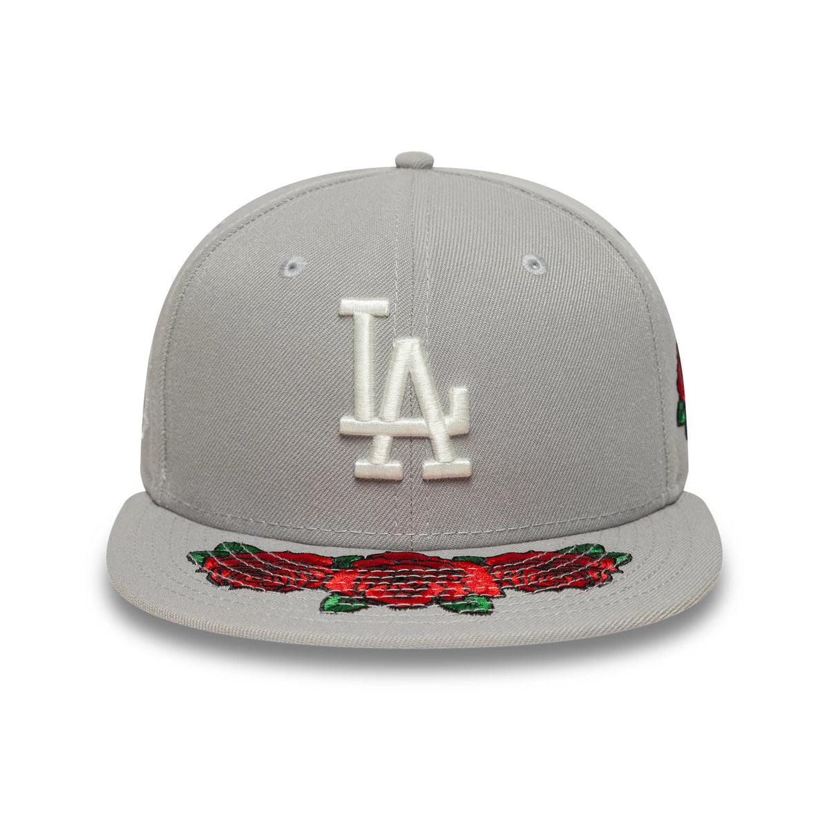 LA Dodgers MLB Cooperstown Floral Grey New Era 59FIFTY Fitted Cap, front view showing the white raised LA logo embroidery on the grey crown and red rose floral embroidery on the flat grey visor.