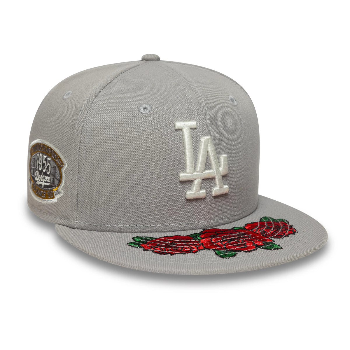 LA Dodgers MLB Cooperstown Floral Grey New Era 59FIFTY Fitted Cap, front view showing the white embroidered LA logo on the structured grey crown with a floral pattern on the visor and a 1955 Dodgers patch on the side.