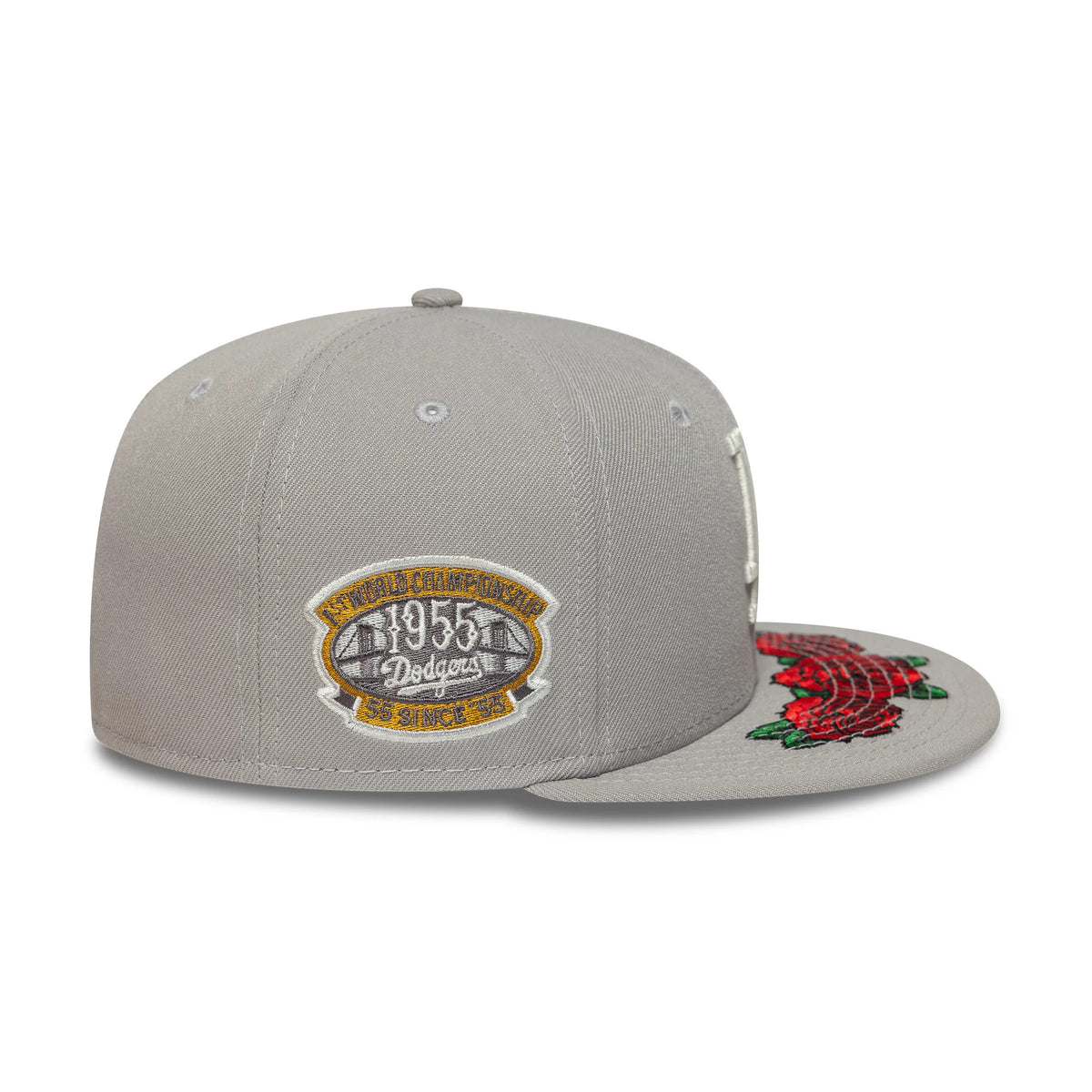 LA Dodgers MLB Cooperstown Floral Grey New Era 59FIFTY Fitted Cap, side view showing a gold and white embroidered 1953 Dodgers patch on the side panel and red floral embroidery on the flat grey visor.