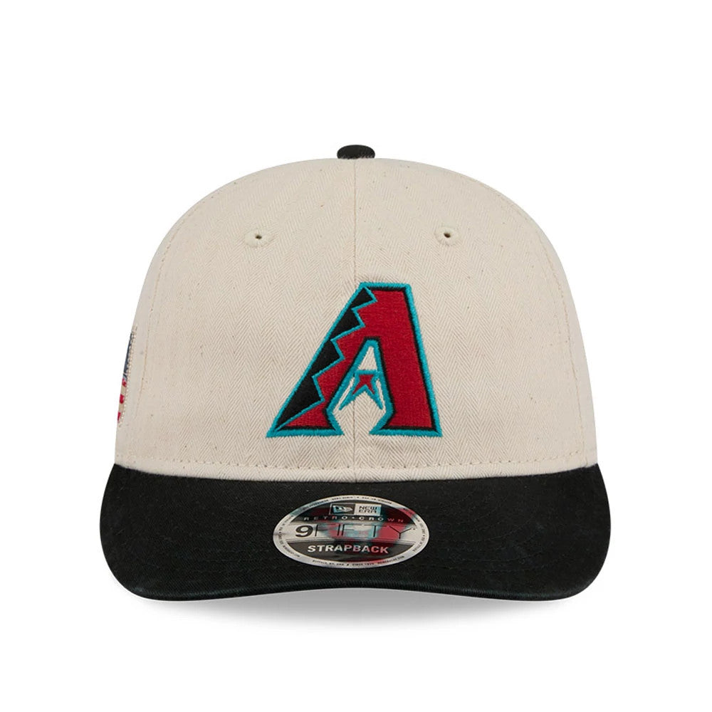 Arizona Diamondbacks MLB Americana Herringbone White Retro Crown New Era 9FIFTY Adjustable Cap, front view showing the raised embroidered A logo in red and teal on the white crown, with a black visor and 9FIFTY size sticker.
